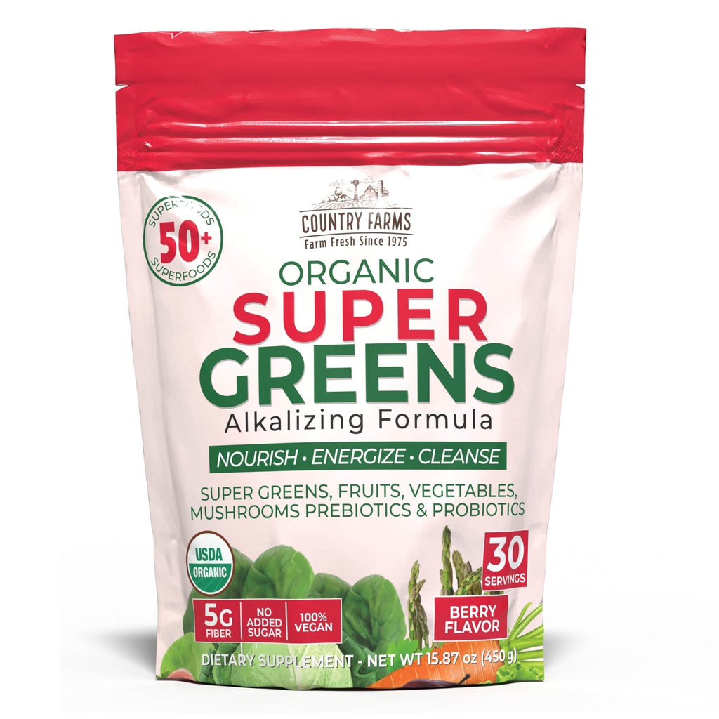 Country Farms Super Greens Berry Flavor, 50 Organic Super Foods, USDA Organic Drink Mix (Wheat Grass, Spirulina, Chlorella) Mushrooms & Probiotics, with Fiber, Gut Health, Natural Energy, 30 Servings - Maple Wellness Supplements