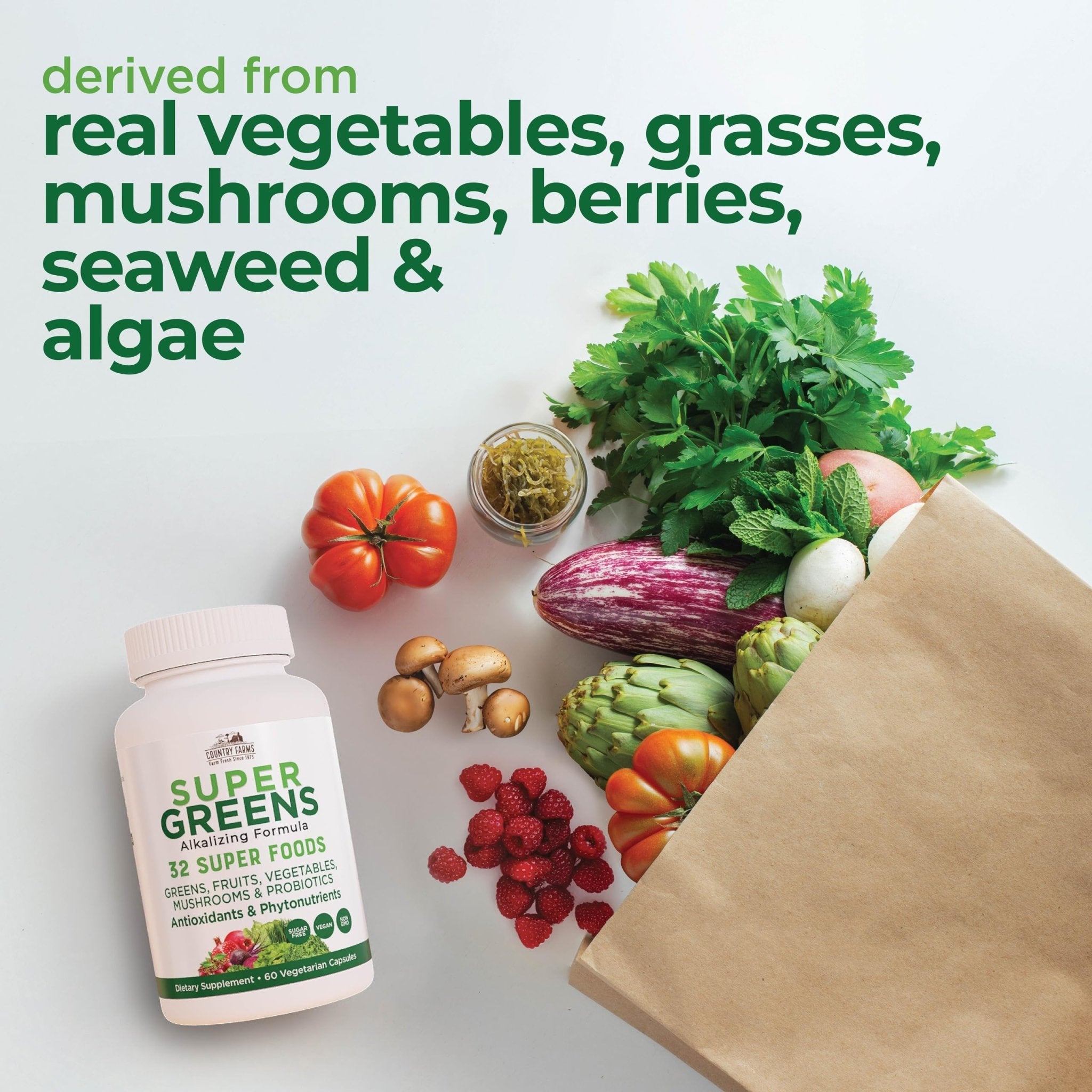 Country Farms Super Greens Vegicaps, 32 Super Foods, Whole Food Supplement, Greens, Fruit, Vegetables, Mushrooms & Probiotics, Rich in Antioxidants & Phytonutrients, 60 Count, 30 Servings - TrustMedUSA