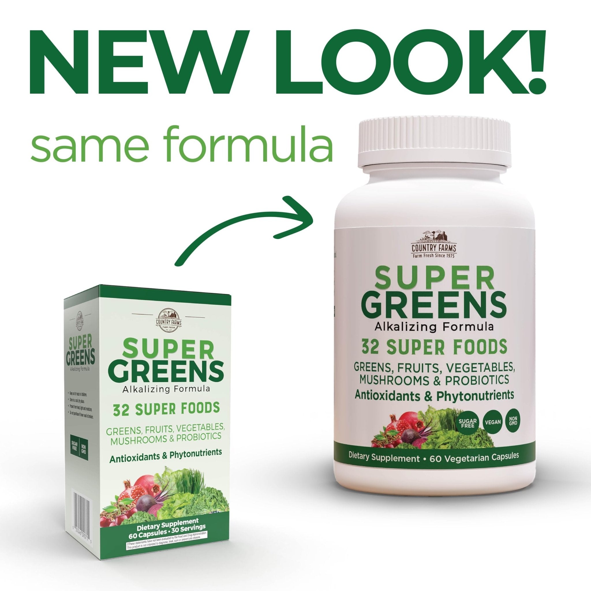 Country Farms Super Greens Vegicaps, 32 Super Foods, Whole Food Supplement, Greens, Fruit, Vegetables, Mushrooms & Probiotics, Rich in Antioxidants & Phytonutrients, 60 Count, 30 Servings - TrustMedUSA