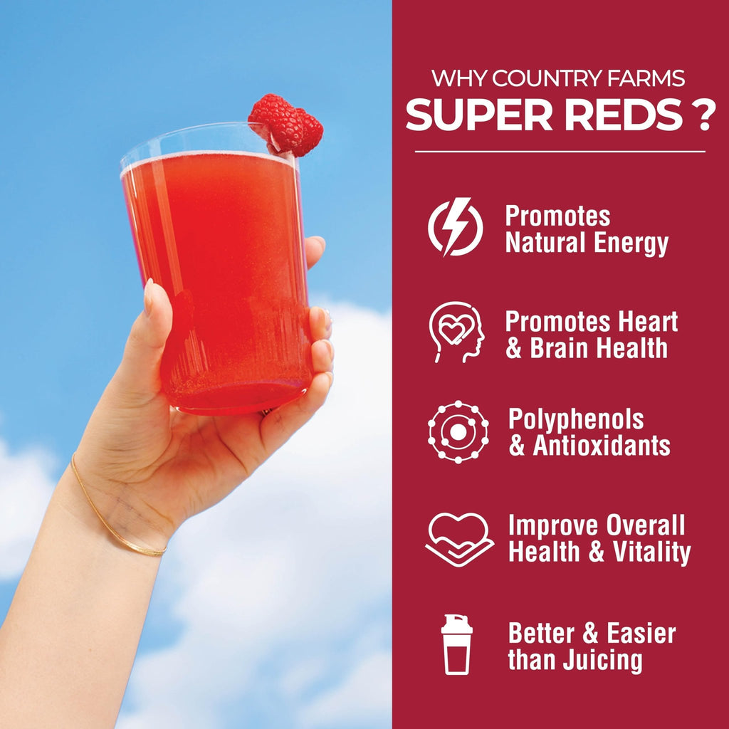 COUNTRY FARMS Super Reds, Energizing Polyphenol Superfood, 48 Super Fruits and Berries, Powerful Antioxidants and Polyphenols, Supports Energy, 20 Servings, Mixed Berry Flavor - TrustMedUSA