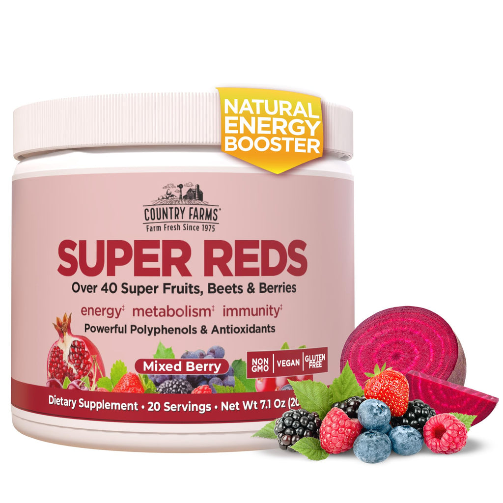 COUNTRY FARMS Super Reds, Energizing Polyphenol Superfood, 48 Super Fruits and Berries, Powerful Antioxidants and Polyphenols, Supports Energy, 20 Servings, Mixed Berry Flavor - TrustMedUSA