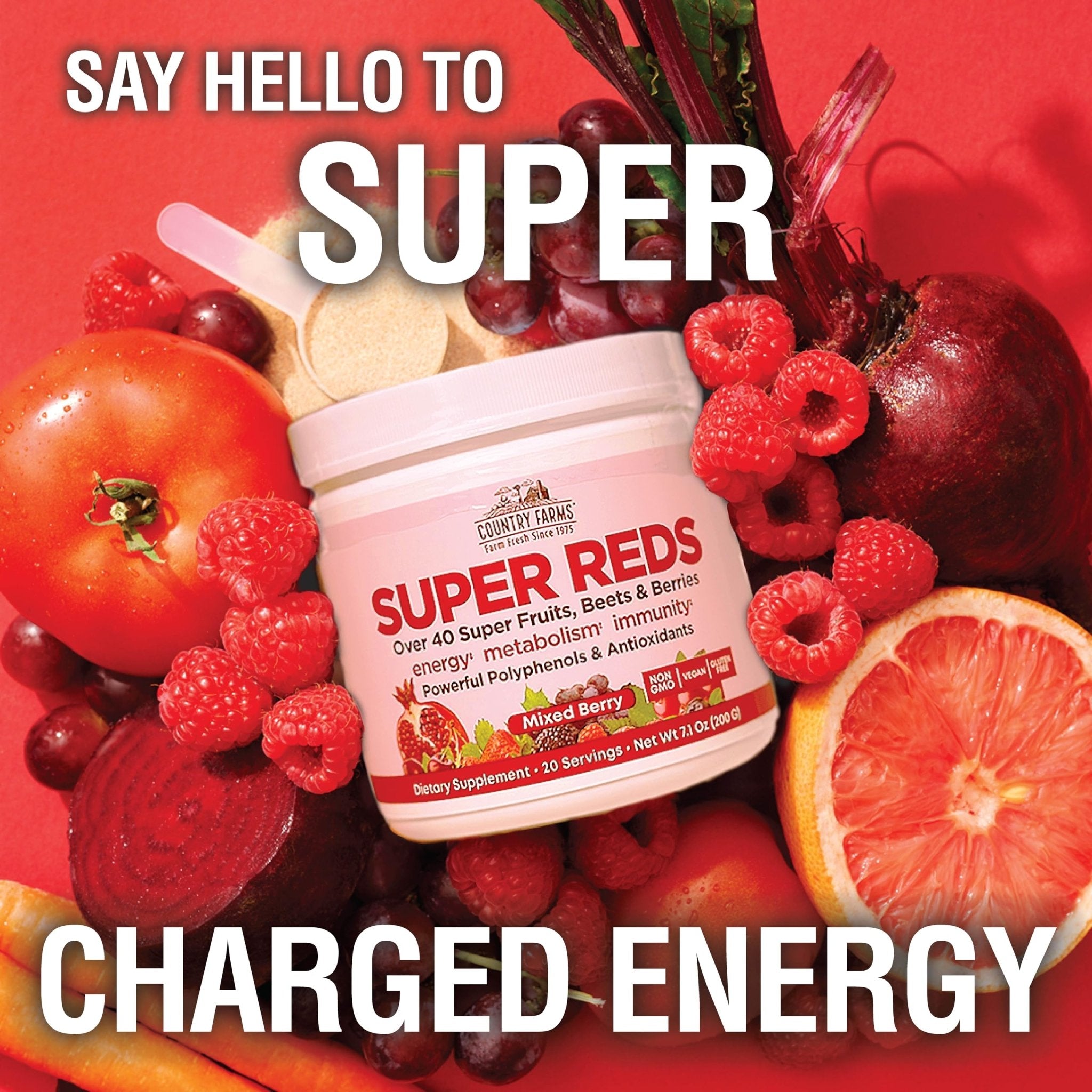 COUNTRY FARMS Super Reds, Energizing Polyphenol Superfood, 48 Super Fruits and Berries, Powerful Antioxidants and Polyphenols, Supports Energy, 20 Servings, Mixed Berry Flavor - TrustMedUSA