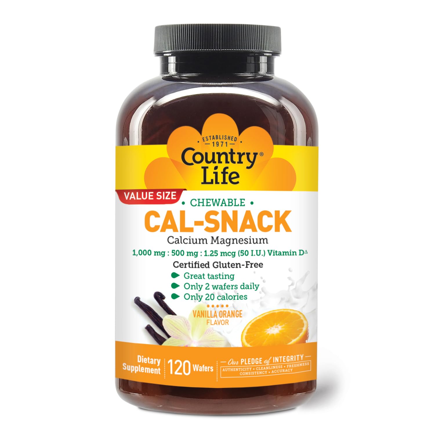 Country Life Cal-Snack - Chewable Calcium Magnesium Supplement wafers with Vitamin D3, Easy to Digest, Vanilla Orange Flavor, Dietary Supplement - TrustMedUSA