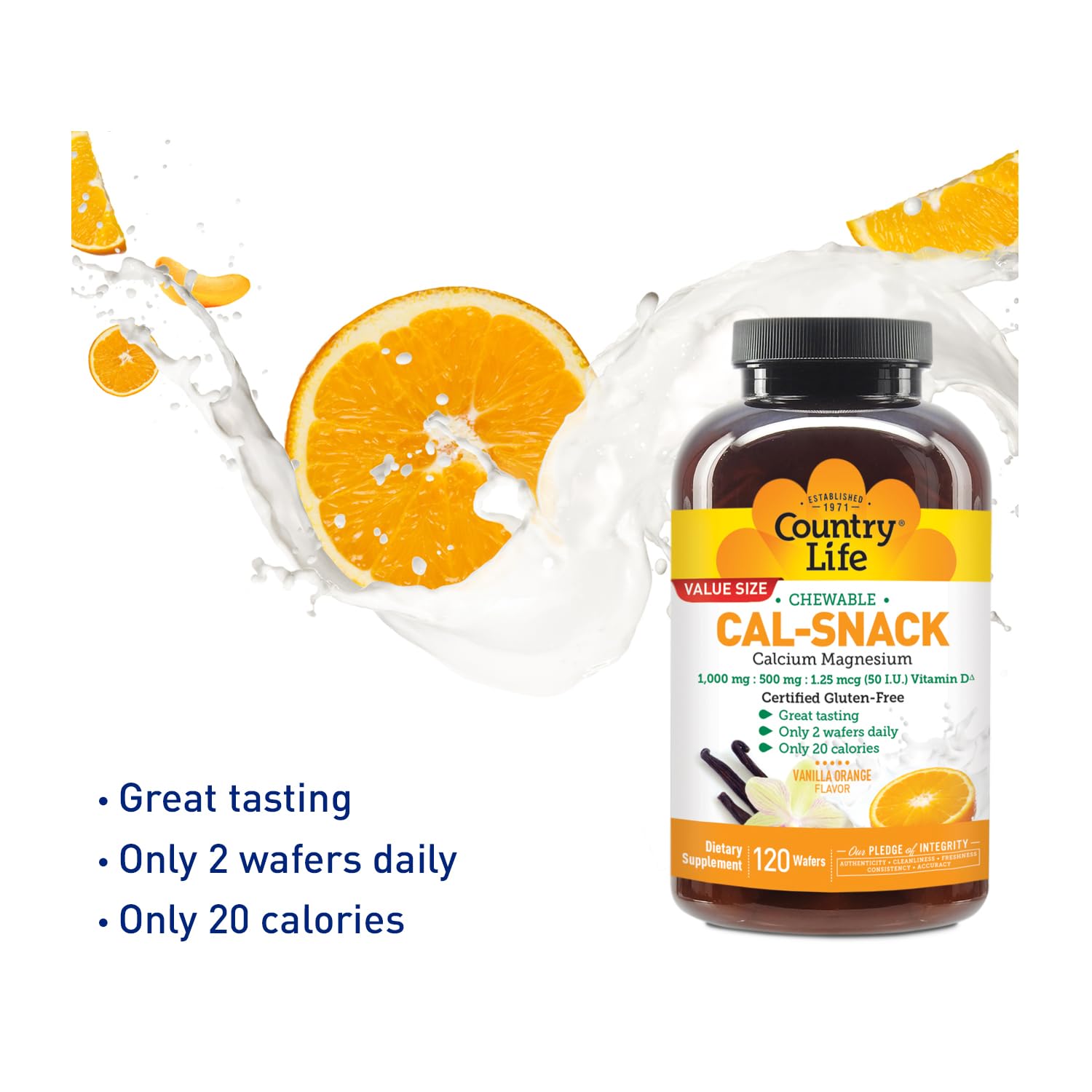 Country Life Cal-Snack - Chewable Calcium Magnesium Supplement wafers with Vitamin D3, Easy to Digest, Vanilla Orange Flavor, Dietary Supplement - TrustMedUSA