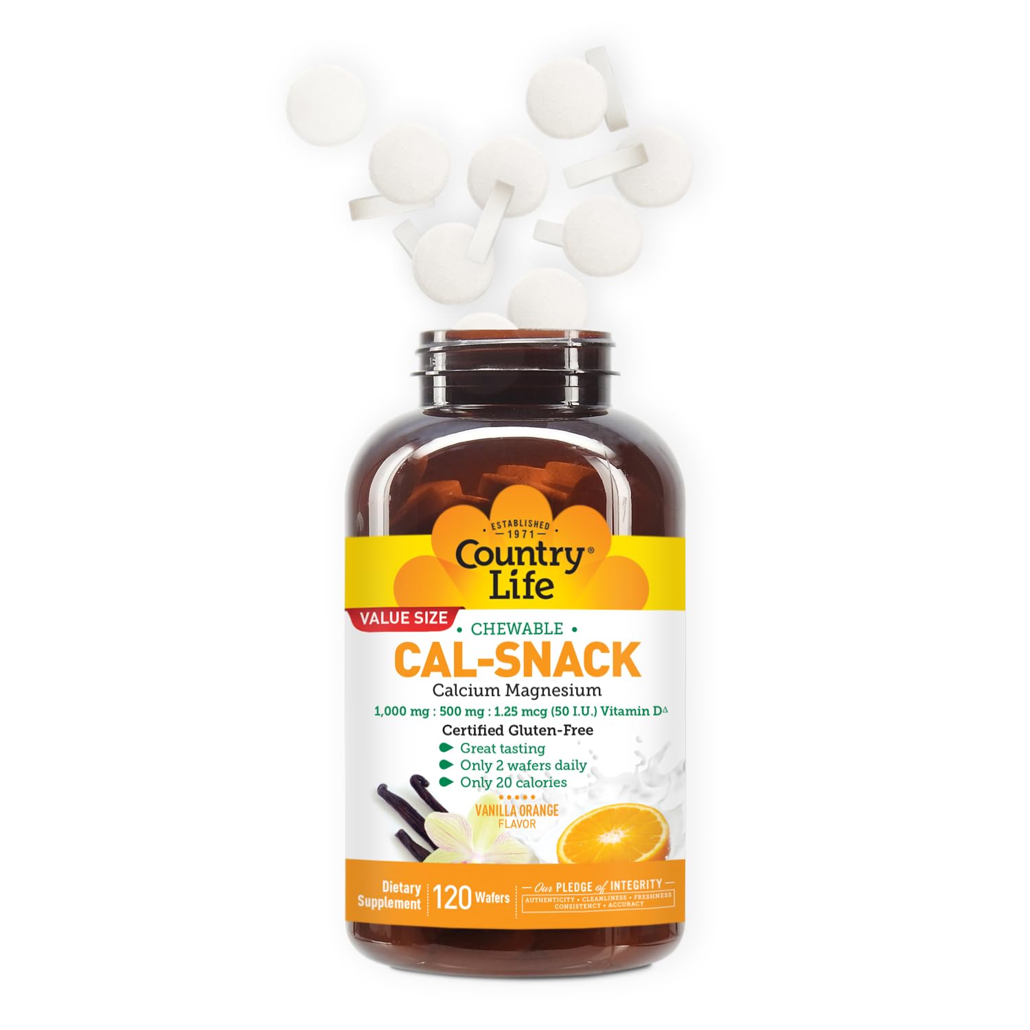 Country Life Cal-Snack - Chewable Calcium Magnesium Supplement wafers with Vitamin D3, Easy to Digest, Vanilla Orange Flavor, Dietary Supplement - TrustMedUSA