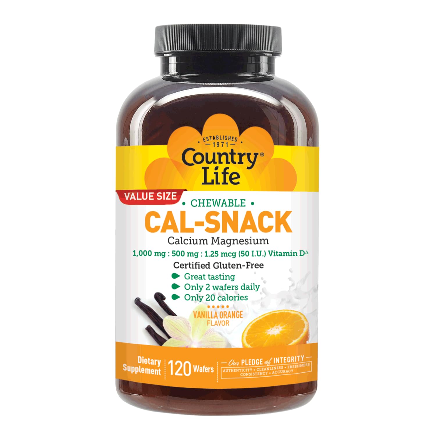 Country Life Cal-Snack - Chewable Calcium Magnesium Supplement wafers with Vitamin D3, Easy to Digest, Vanilla Orange Flavor, Dietary Supplement - TrustMedUSA