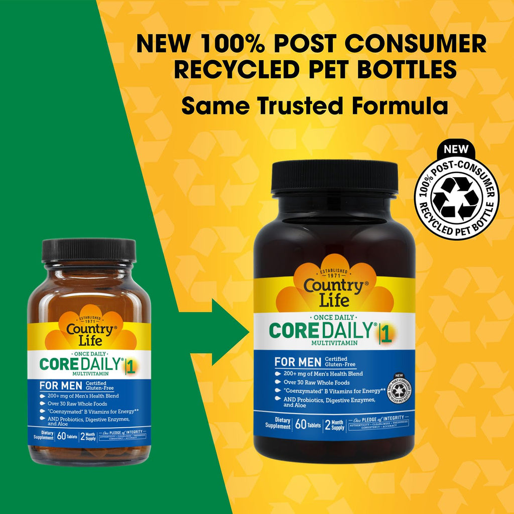 Country Life Core Daily-1 for Men - Multivitamin with Probiotics, Saw Palmetto, Pumpkin Seed Extract, and Coenzymated B Vitamins - Gluten-Free and Vegetarian - 60 Tablets - TrustMedUSA