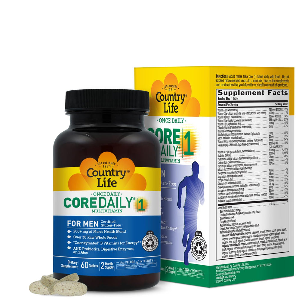 Country Life Core Daily-1 for Men - Multivitamin with Probiotics, Saw Palmetto, Pumpkin Seed Extract, and Coenzymated B Vitamins - Gluten-Free and Vegetarian - 60 Tablets - TrustMedUSA