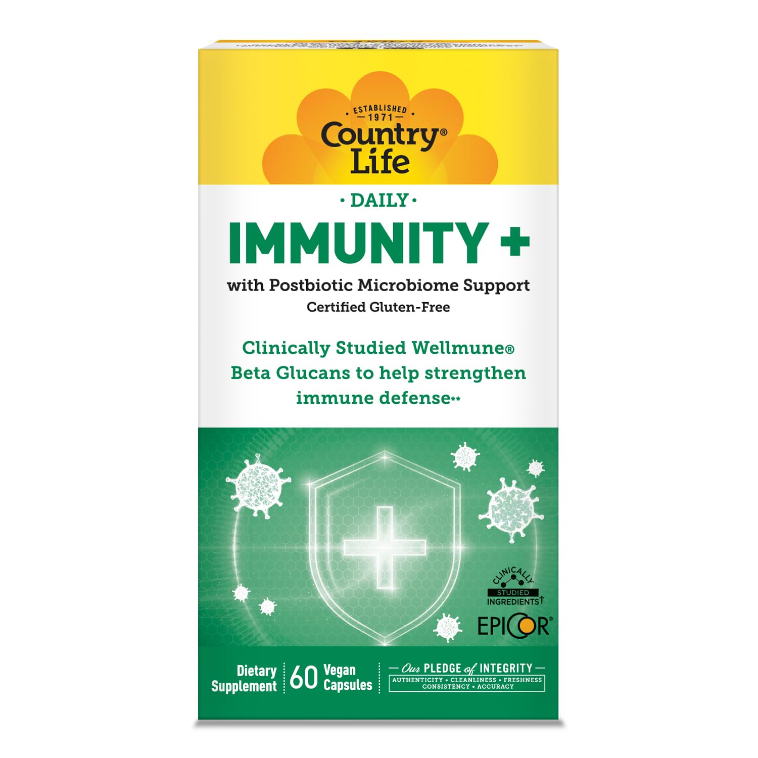 Country Life Immunity+ Supplement, 60 Capsules - Supports Immune and Gut Health - for Men and Women - Clinically Studied Ingredients, Vegan, Gluten Free, Certified B Corporation - TrustMedUSA