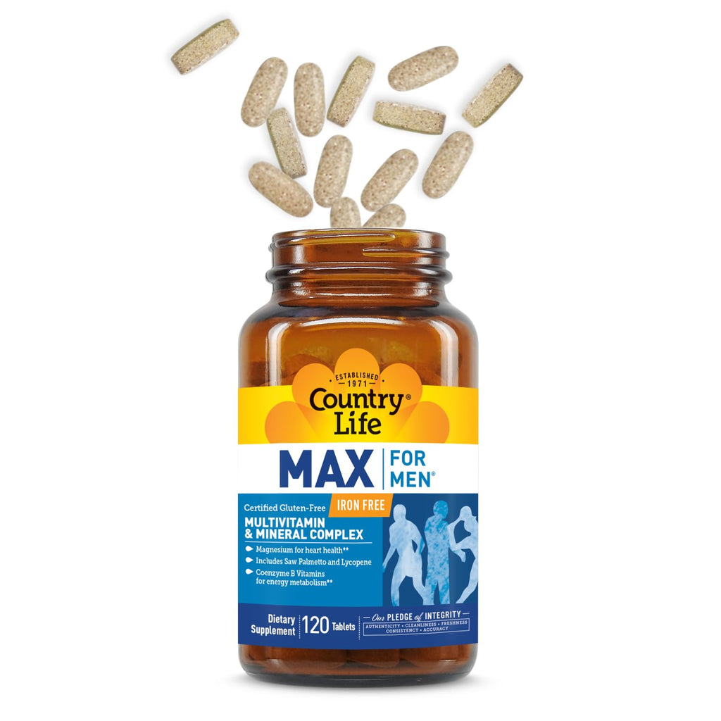Country Life Max for Men Multivitamin: Iron-Free, Gluten Free, Saw Palmetto, Lycopene, Daily Support for Energy, Heart & Men's Health,120 Vegetarian Tablets - TrustMedUSA