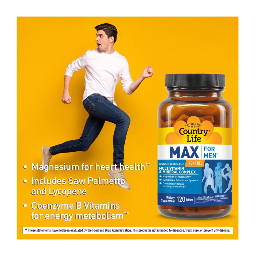 Country Life Max for Men Multivitamin: Iron-Free, Gluten Free, Saw Palmetto, Lycopene, Daily Support for Energy, Heart & Men's Health,120 Vegetarian Tablets - TrustMedUSA