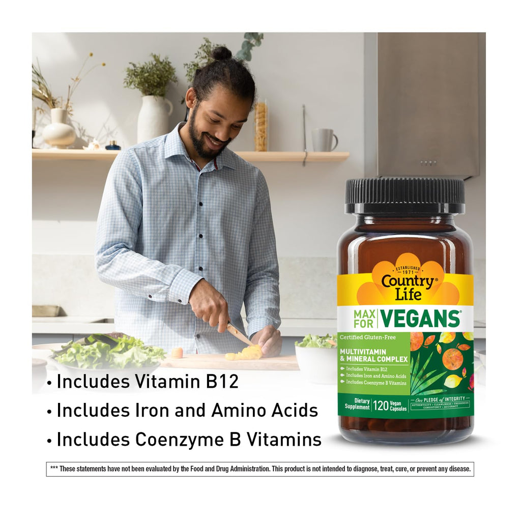 Country Life Max for Vegans - 120 Vegan Capsules - Daily Multivitamins - Immune Support Supplement - Contains Vitamin B12, Iron, Amino Acids, Coenzyme B Vitamins - Gluten-Free - TrustMedUSA