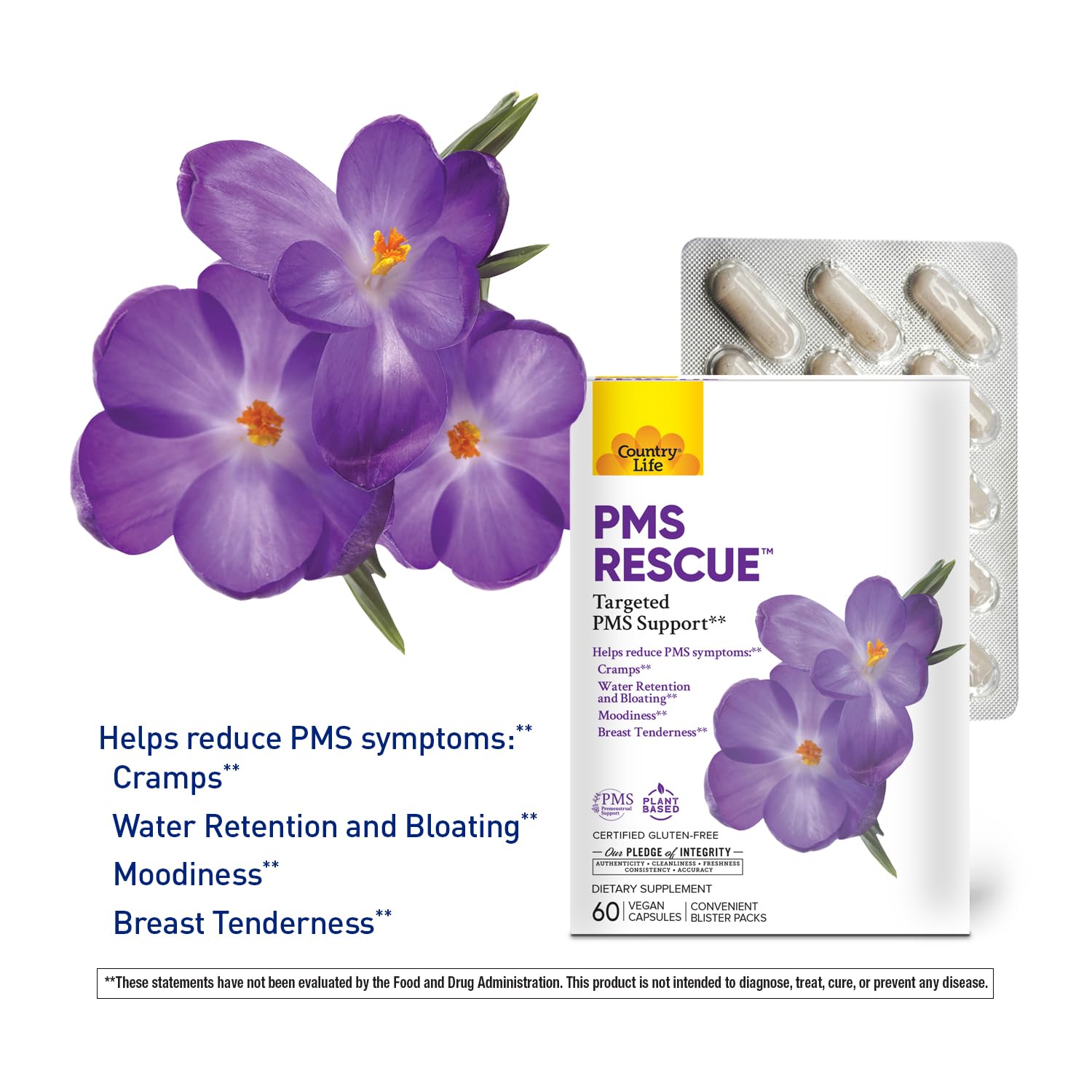 Country Life PMS Rescue – PMS Support Supplement for Women, Menstrual Cycle Support, Helps Support Mood, Bloating & Cramps, Herbal & Nutrient Blend, Vegan Capsules, 60 Count - TrustMedUSA