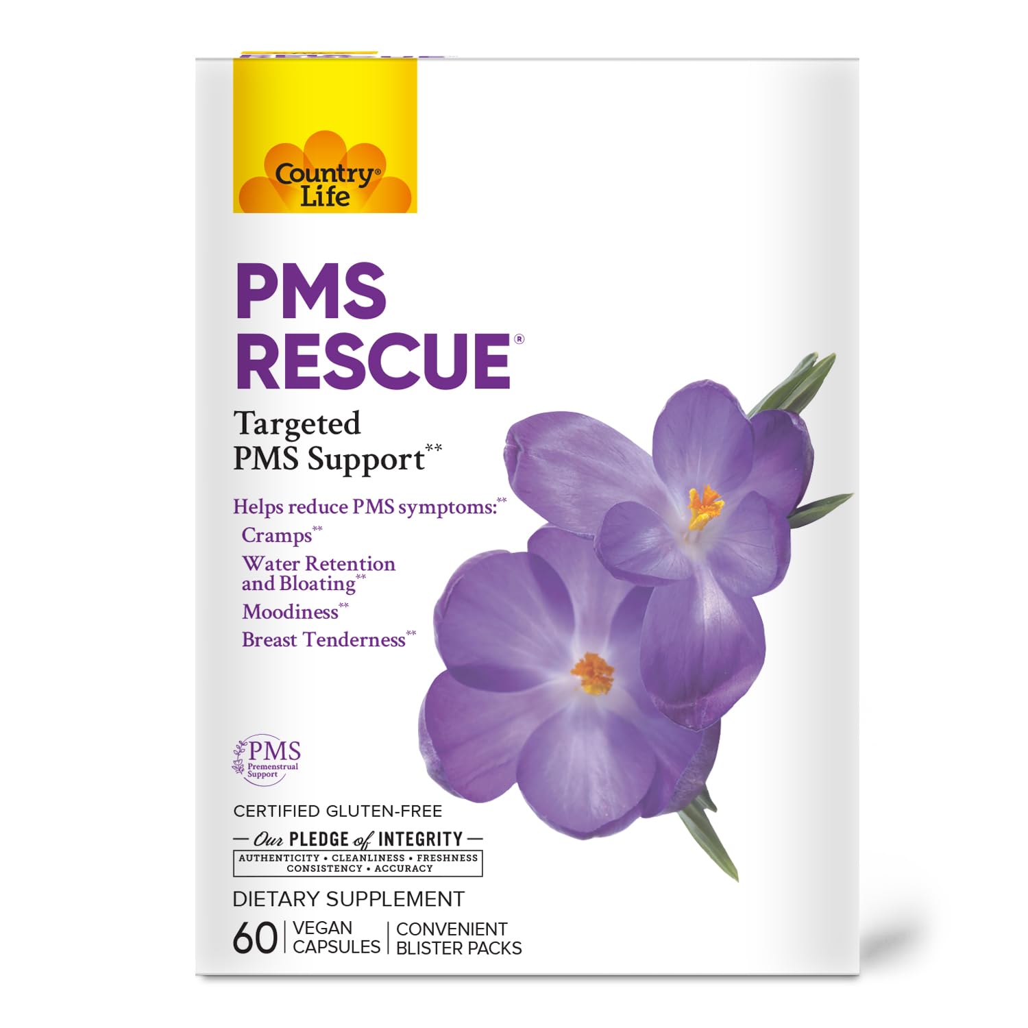 Country Life PMS Rescue – PMS Support Supplement for Women, Menstrual Cycle Support, Helps Support Mood, Bloating & Cramps, Herbal & Nutrient Blend, Vegan Capsules, 60 Count - TrustMedUSA