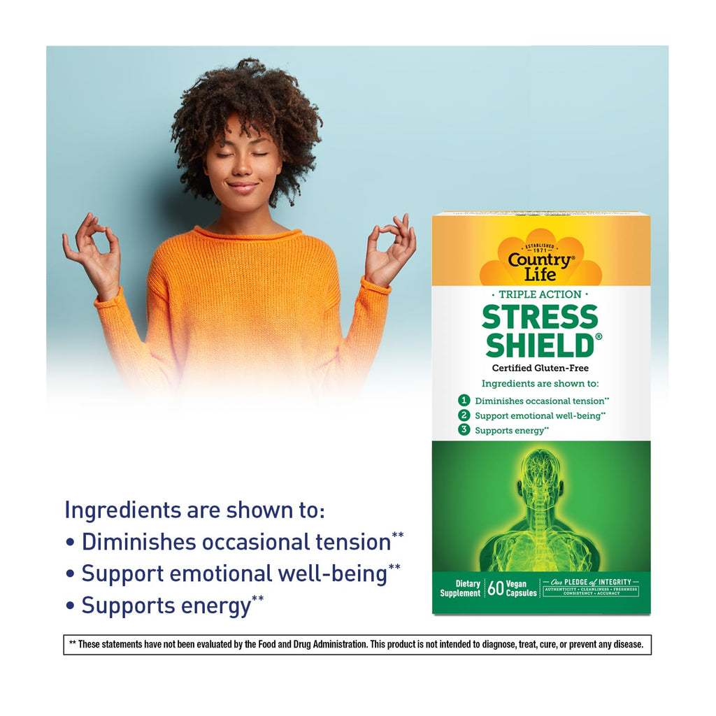 Country Life Stress Shield – Stress & Tension Relief Supplement with Ashwagandha, B-Vitamins for Energy & Emotional Well-Being, Supports Mental Clarity & Resilience, Gluten-Free, Vegan, 60 Capsules - TrustMedUSA