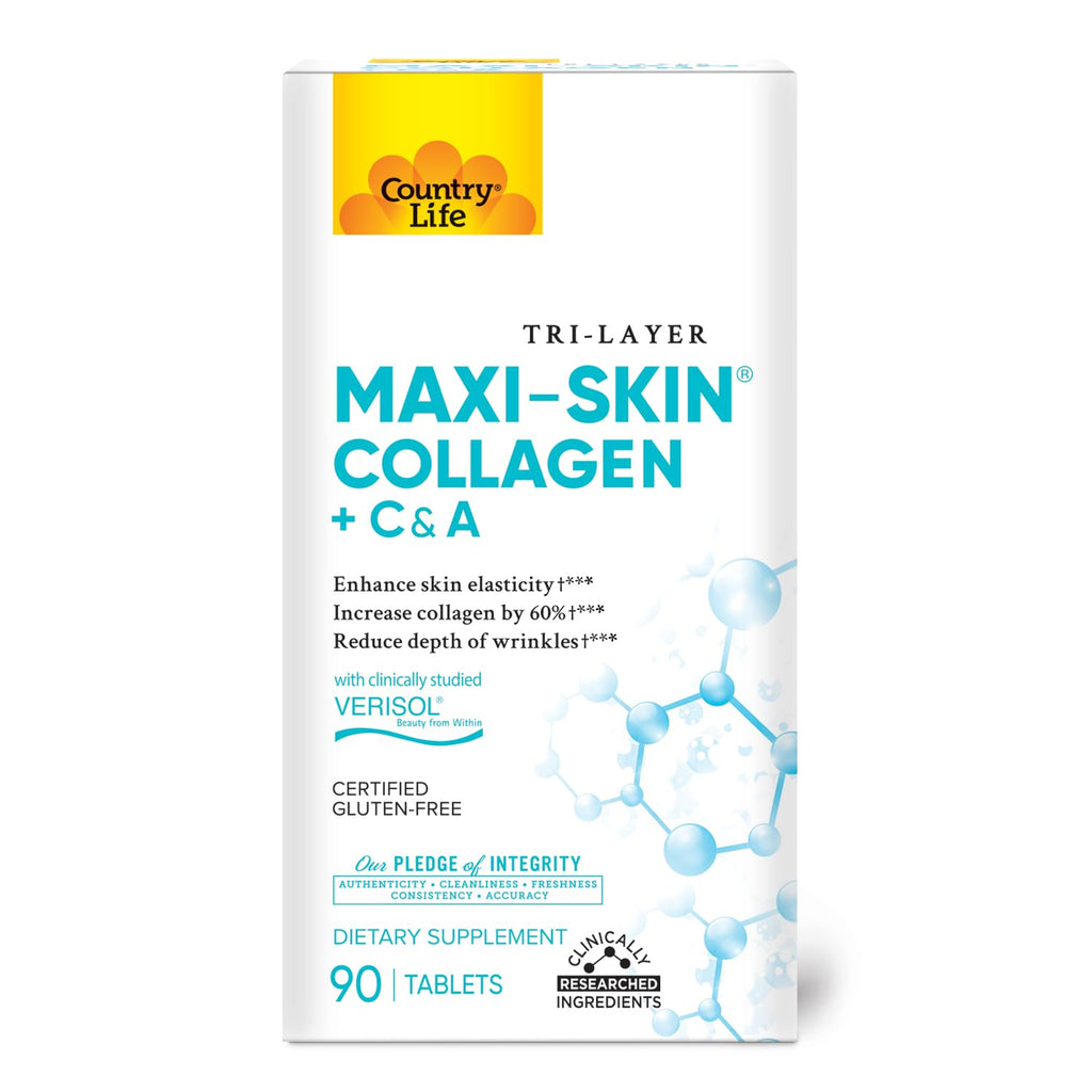 Country Life Verisol Collagen Peptides Tablets - Reduce Depth of W[KB2] rinkles & Enhance Skin Elasticity-90 Tablets-Includes Vitamin A&C - Collagen Powder for Women & Men - Boost Skin Collagen by 60% - Maple Wellness Supplements