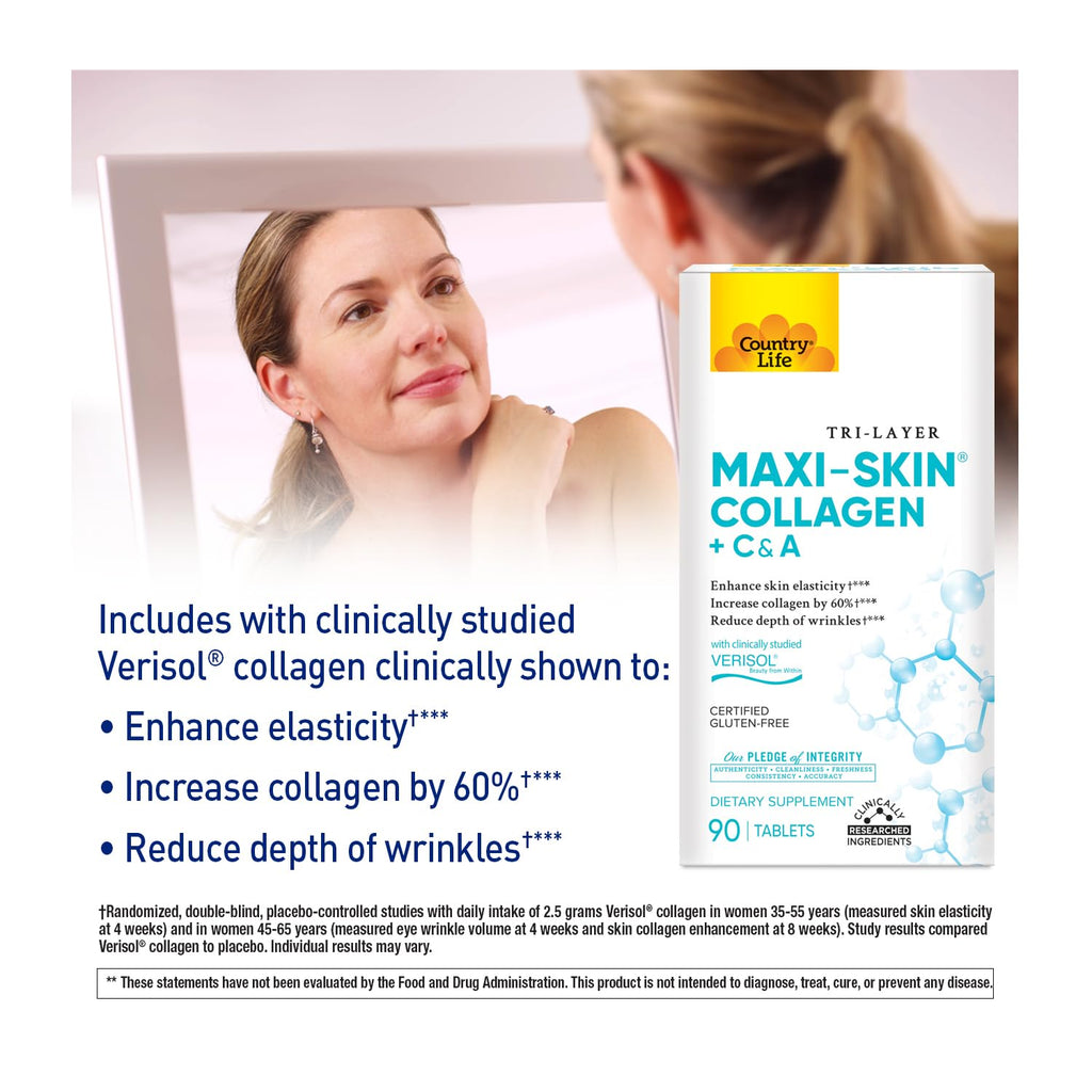 Country Life Verisol Collagen Peptides Tablets - Reduce Depth of W[KB2] rinkles & Enhance Skin Elasticity-90 Tablets-Includes Vitamin A&C - Collagen Powder for Women & Men - Boost Skin Collagen by 60% - Maple Wellness Supplements