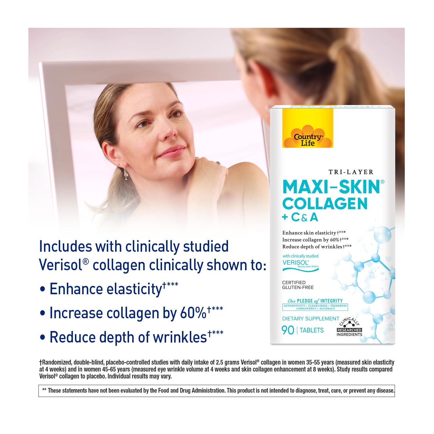 Country Life Verisol Collagen Peptides Tablets - Reduce Depth of W[KB2] rinkles & Enhance Skin Elasticity-90 Tablets-Includes Vitamin A&C - Collagen Powder for Women & Men - Boost Skin Collagen by 60% - Maple Wellness Supplements