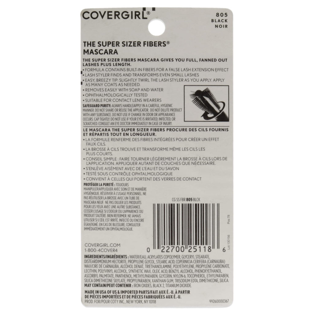 COVERGIRL Super Sizer Fibers Mascara, Black 805, 0.35 Ounce (Packaging May Vary) Volumizing Mascara with Brush - TrustMedUSA