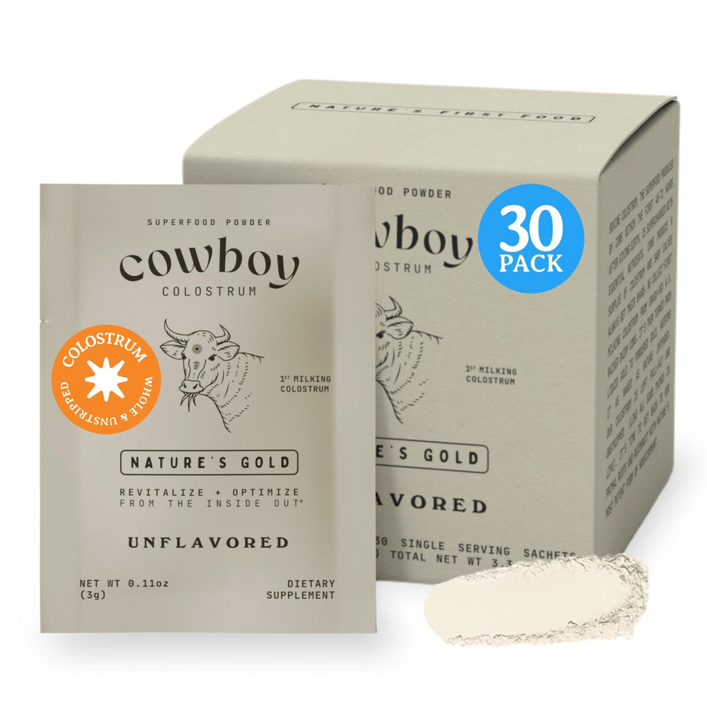 COWBOY COLOSTRUM Powder Travel Packs - Bovine Colostrum Powder - First Day Milking Whole Colostrum - Grass Fed Colostrum Supplement for Gut Health, Immunity, Skin & Hair (Unflavored, 30 Servings) - TrustMedUSA