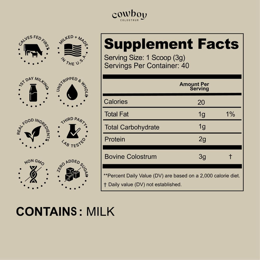 Cowboy - The Exclusive 1st Milking, Whole, Grass Fed Colostrum Supplement for Full Body Health - Bovine Colostrum Powder Packed w/Bioactive Nutrients - Sugar Free (Unflavored, 40 Servings) - TrustMedUSA