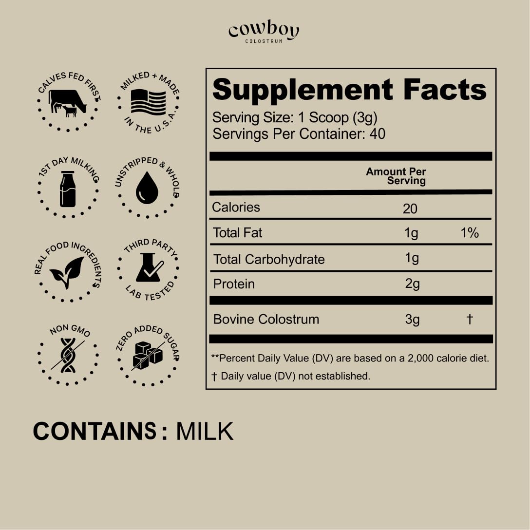 Cowboy - The Exclusive 1st Milking, Whole, Grass Fed Colostrum Supplement for Full Body Health - Bovine Colostrum Powder Packed w/Bioactive Nutrients - Sugar Free (Unflavored, 40 Servings) - TrustMedUSA