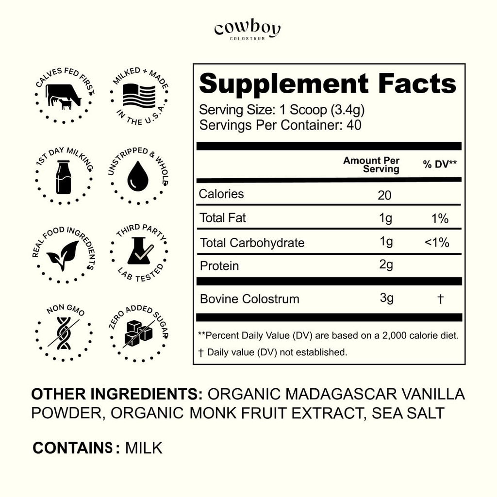 Cowboy - The Exclusive 1st Milking, Whole, Grass Fed Colostrum Supplement for Full Body Health - Bovine Colostrum Powder Packed w/Bioactive Nutrients - Sugar Free (Vanilla, 40 Servings) - TrustMedUSA