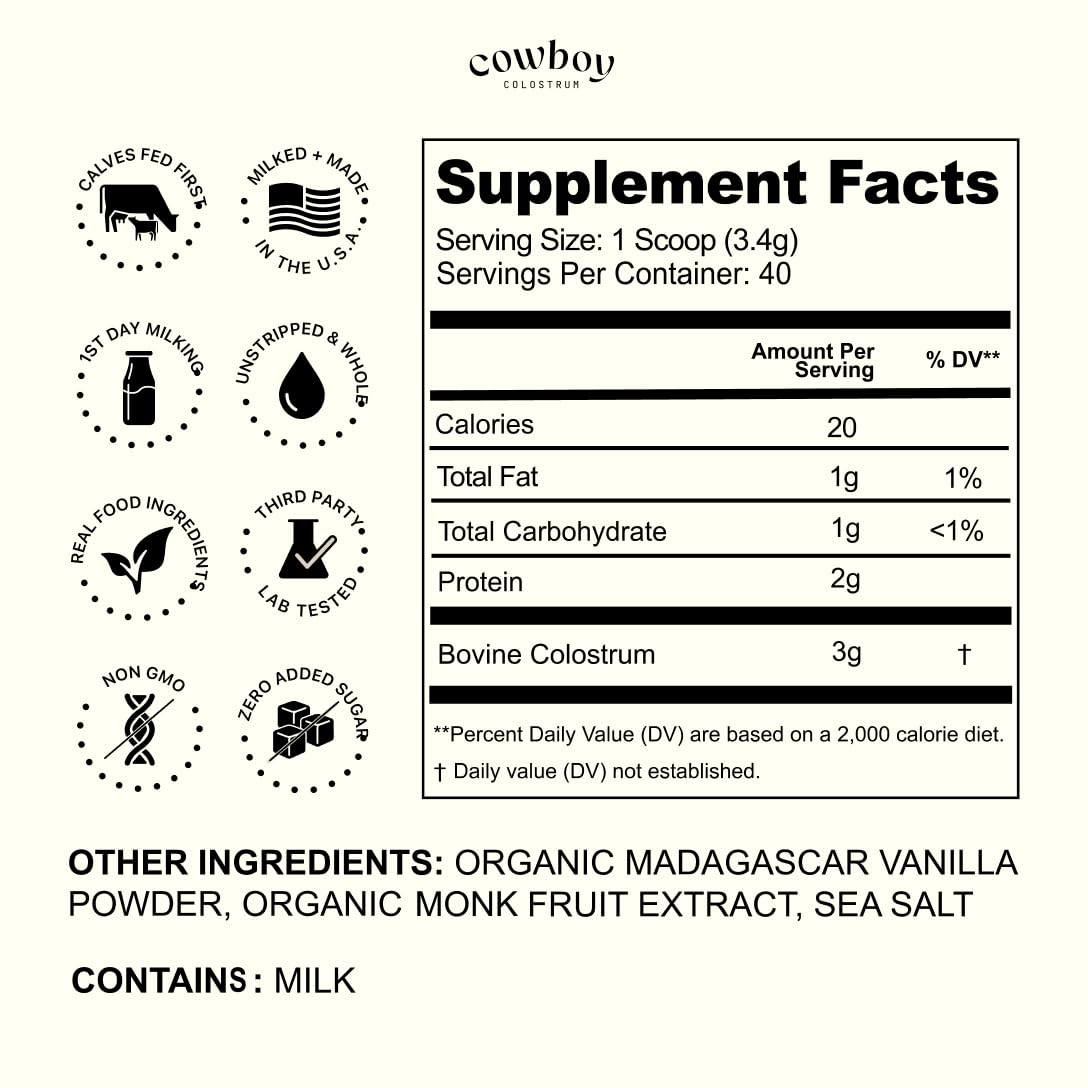 Cowboy - The Exclusive 1st Milking, Whole, Grass Fed Colostrum Supplement for Full Body Health - Bovine Colostrum Powder Packed w/Bioactive Nutrients - Sugar Free (Vanilla, 40 Servings) - TrustMedUSA