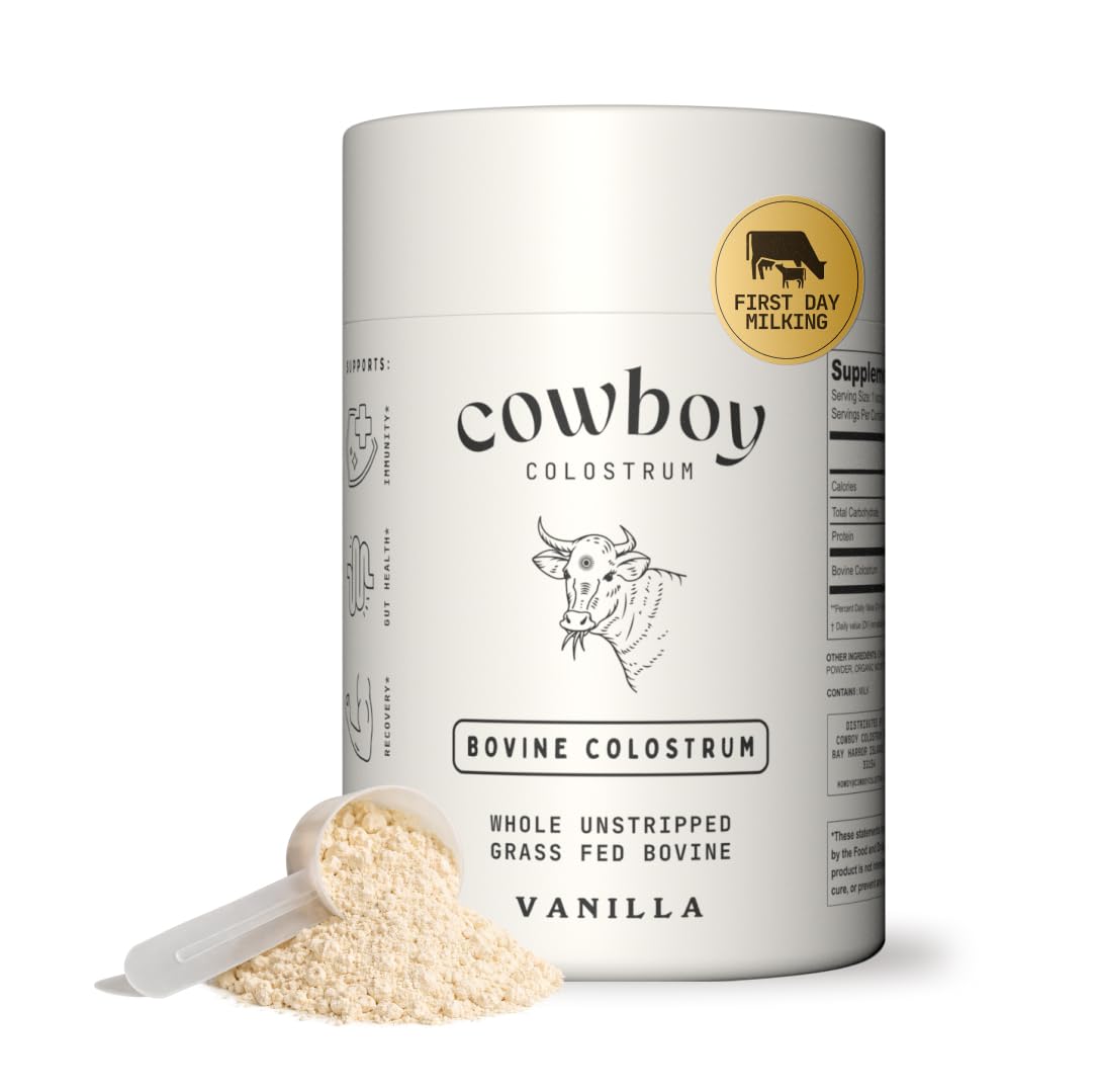 Cowboy - The Exclusive 1st Milking, Whole, Grass Fed Colostrum Supplement for Full Body Health - Bovine Colostrum Powder Packed w/Bioactive Nutrients - Sugar Free (Vanilla, 40 Servings) - TrustMedUSA