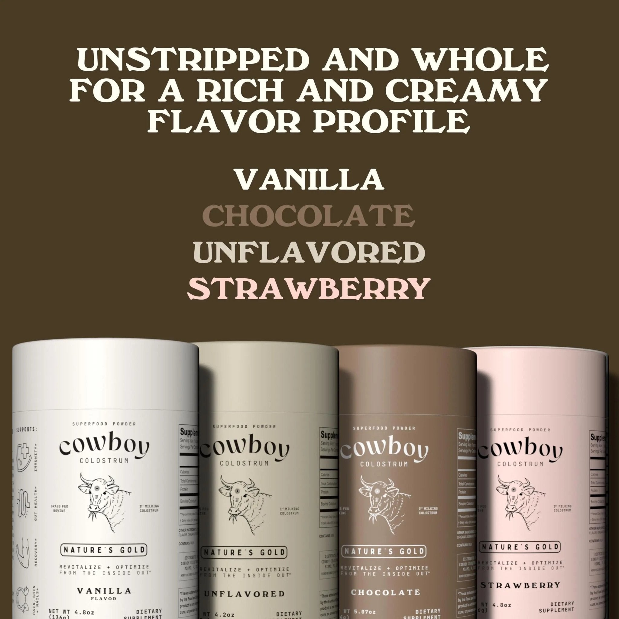 Cowboy - The Exclusive 1st Milking, Whole, Grass Fed Colostrum Supplement for Full Body Health - Sugar Free Bovine Colostrum Powder Packed with Bioactive(Vanilla & Chocolate) Nutrients - TrustMedUSA