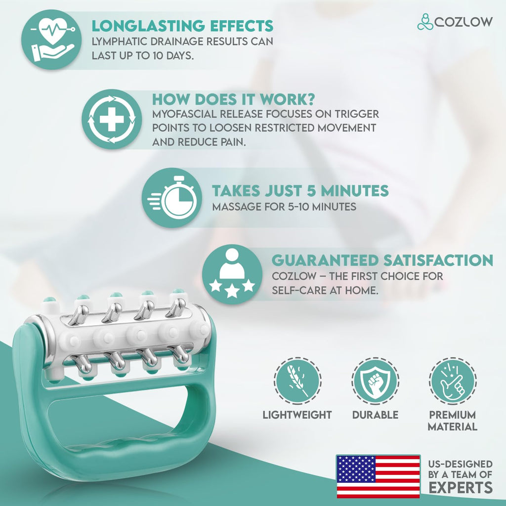 COZLOW - MyoRelease Lymphatic Drainage Massager - Green - Handheld Fascia Release + Scar Tissue Massage Roller for Shoulder, Neck, Belly, Thigh, Leg, Back, Glutes - Helps Reduce Cellulite Appearance - Maple Wellness Supplements