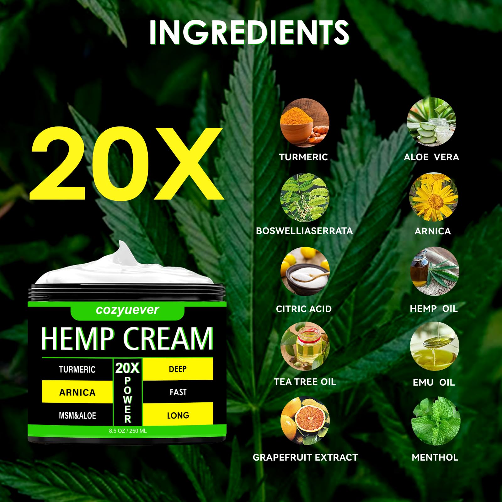 cozyuever 8.5 Oz Hemp Cream with Arnica, Menthol, Aloe, Emu Oil, Turmeric - TrustMedUSA