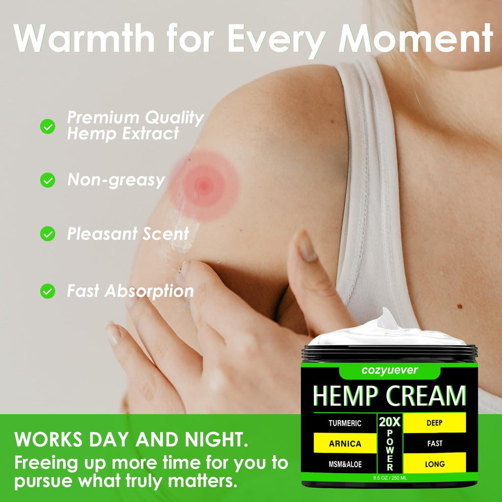 cozyuever 8.5 Oz Hemp Cream with Arnica, Menthol, Aloe, Emu Oil, Turmeric - TrustMedUSA