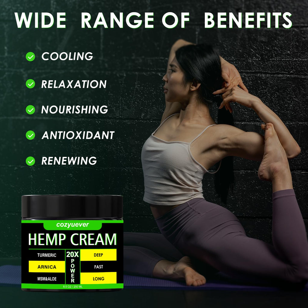 cozyuever 8.5 Oz Hemp Cream with Arnica, Menthol, Aloe, Emu Oil, Turmeric - TrustMedUSA