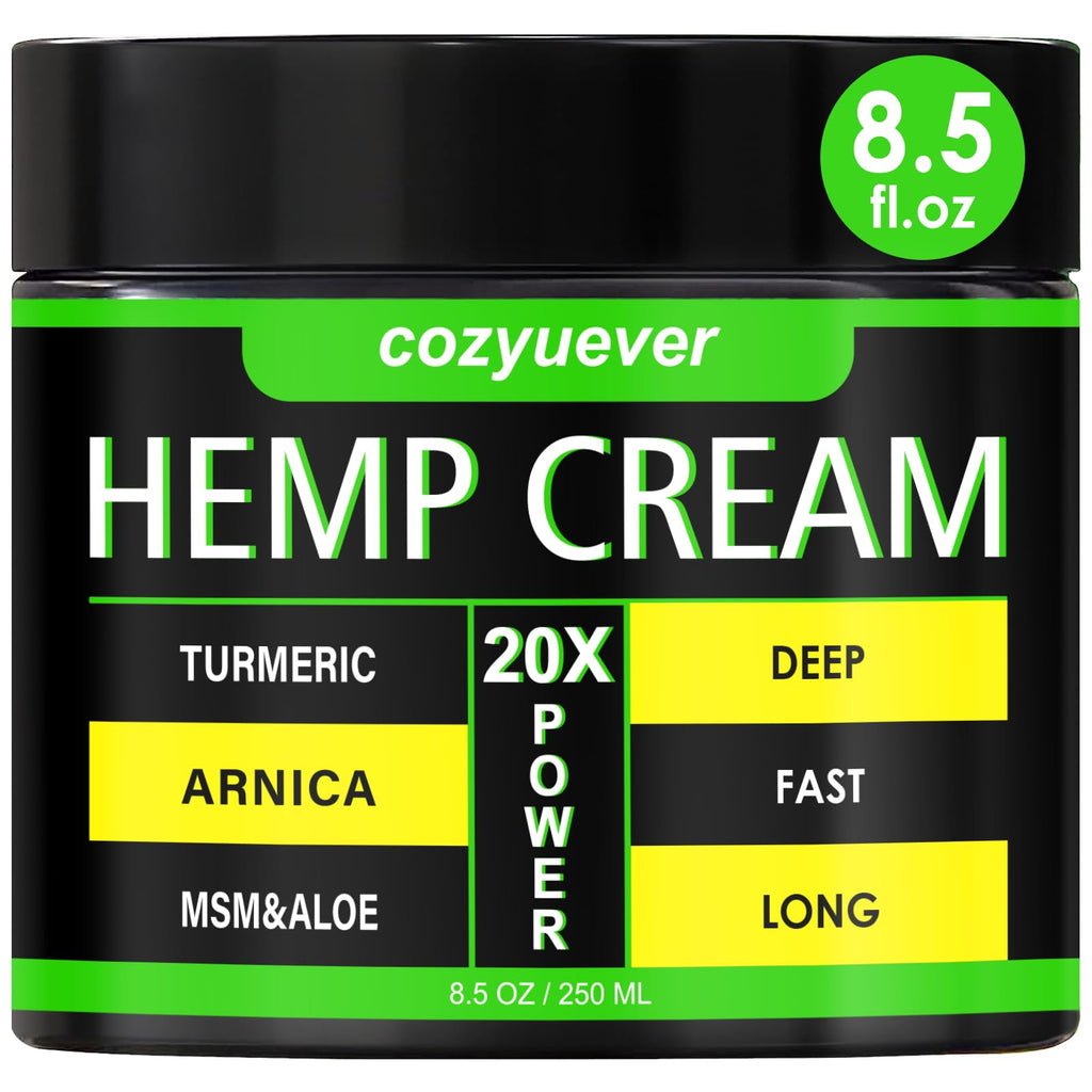 cozyuever 8.5 Oz Hemp Cream with Arnica, Menthol, Aloe, Emu Oil, Turmeric - TrustMedUSA