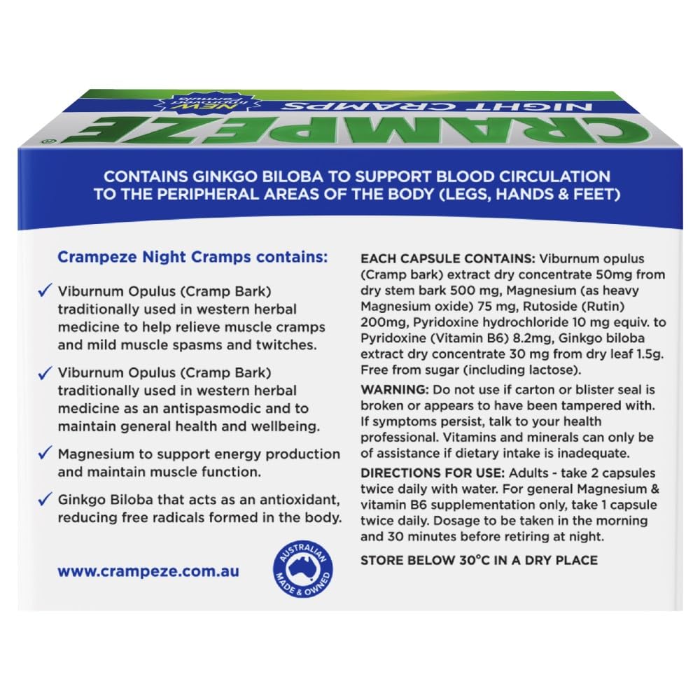 Crampeze Night Cramps Natural Relief of Muscle Cramps, Spasms & Tired Legs 60 Capsules - TrustMedUSA