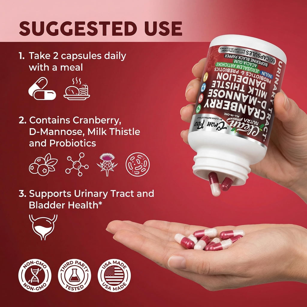 Cran Flow Cranberry Pills for Urinary Health D-Mannose Milk Thistle Dandelion Inulin Vitamin C Prebiotics and Probiotics Bladder Support By Clean Nutra - TrustMedUSA
