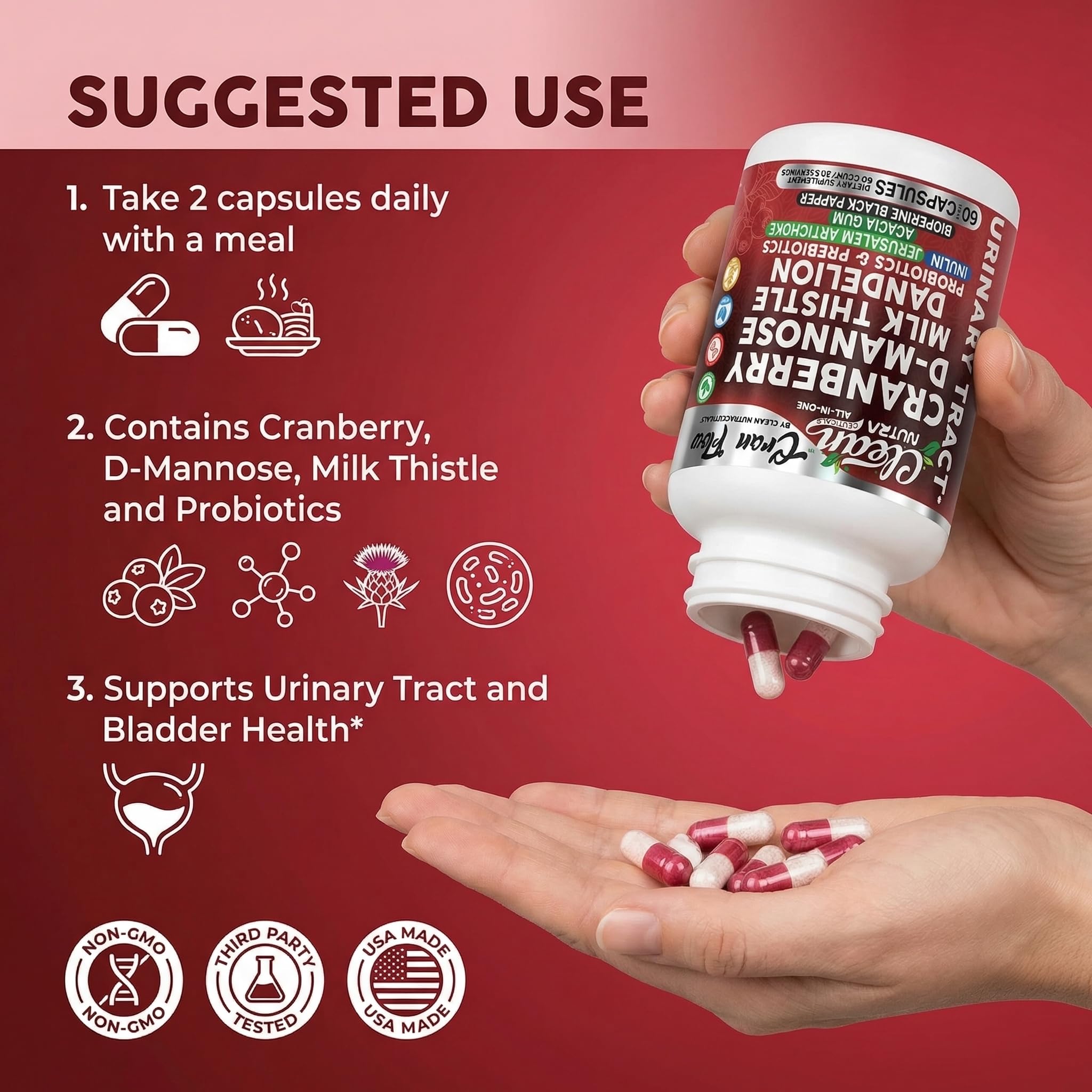 Cran Flow Cranberry Pills for Urinary Health D-Mannose Milk Thistle Dandelion Inulin Vitamin C Prebiotics and Probiotics Bladder Support By Clean Nutra - TrustMedUSA