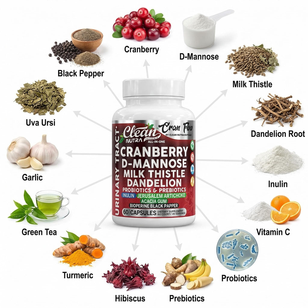 Cran Flow Cranberry Pills for Urinary Health D-Mannose Milk Thistle Dandelion Inulin Vitamin C Prebiotics and Probiotics Bladder Support By Clean Nutra - TrustMedUSA