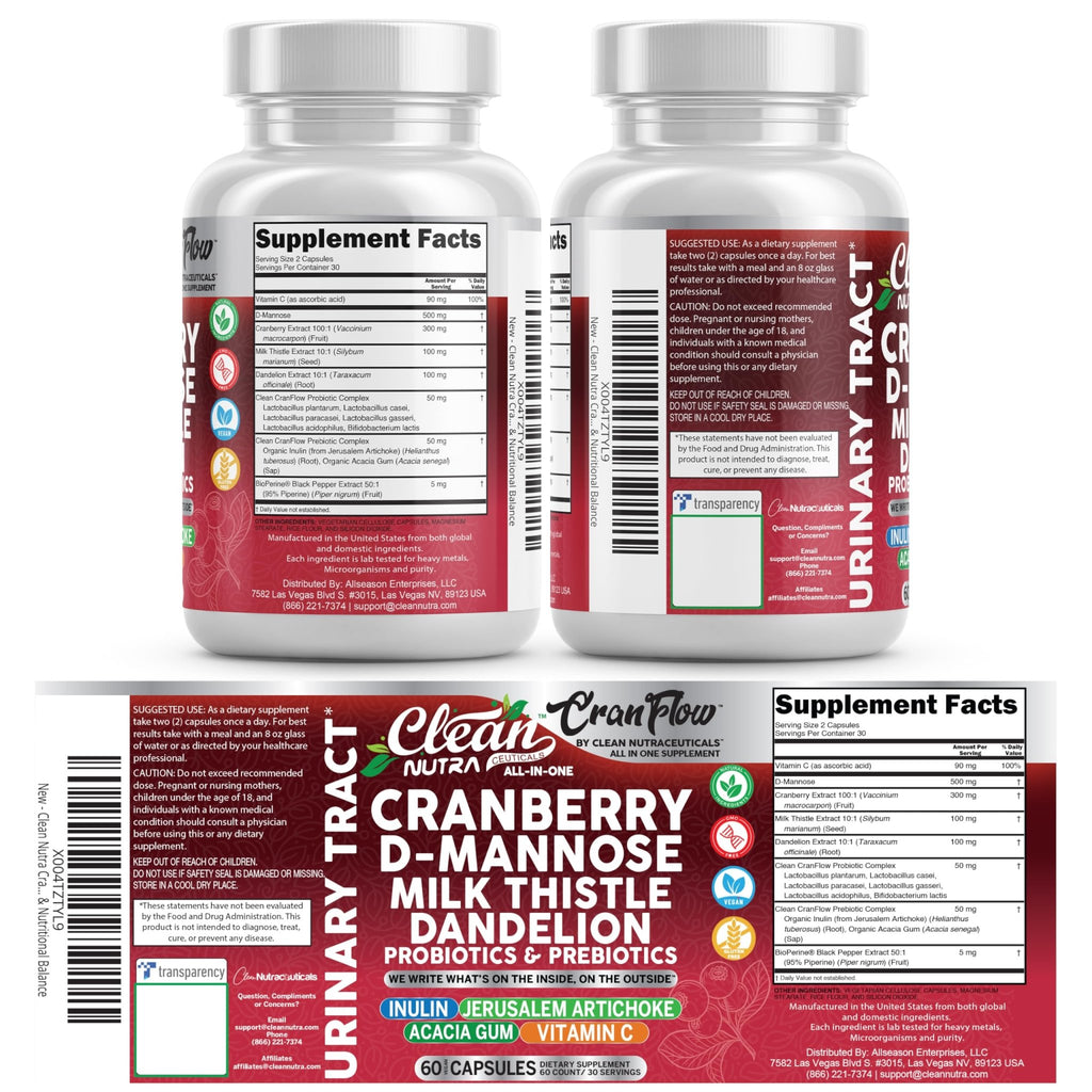 Cran Flow Cranberry Pills for Urinary Health D-Mannose Milk Thistle Dandelion Inulin Vitamin C Prebiotics and Probiotics Bladder Support By Clean Nutra - TrustMedUSA