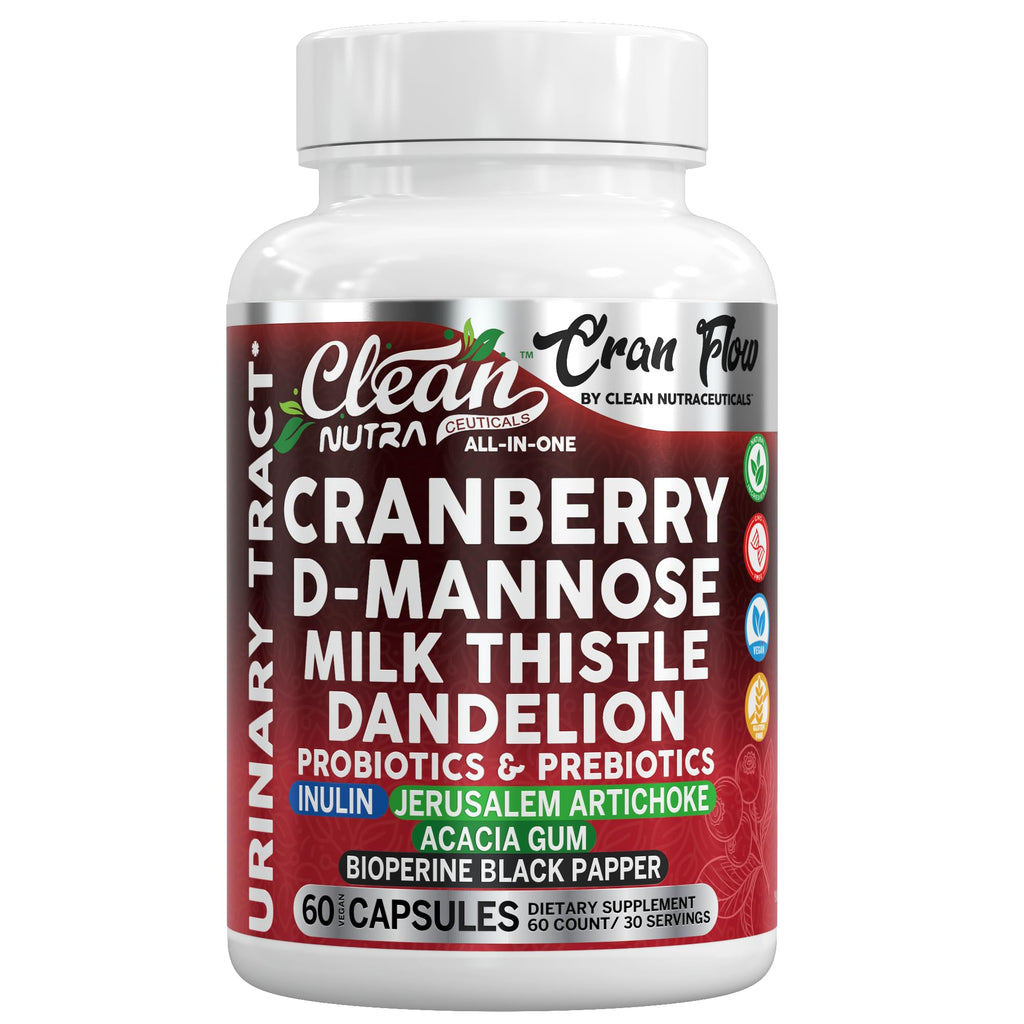 Cran Flow Cranberry Pills for Urinary Health D-Mannose Milk Thistle Dandelion Inulin Vitamin C Prebiotics and Probiotics Bladder Support By Clean Nutra - TrustMedUSA
