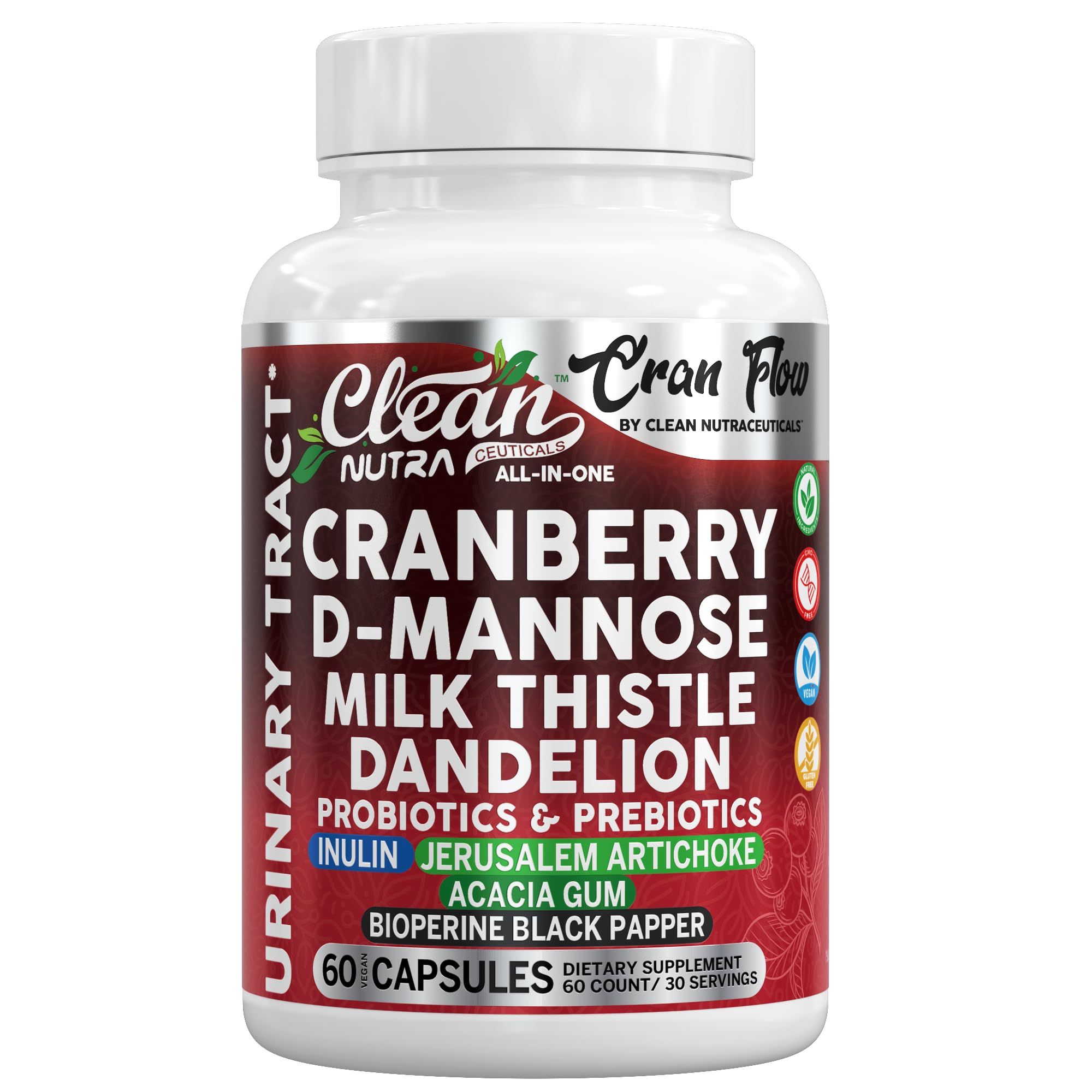 Cran Flow Cranberry Pills for Urinary Health D-Mannose Milk Thistle Dandelion Inulin Vitamin C Prebiotics and Probiotics Bladder Support By Clean Nutra - TrustMedUSA