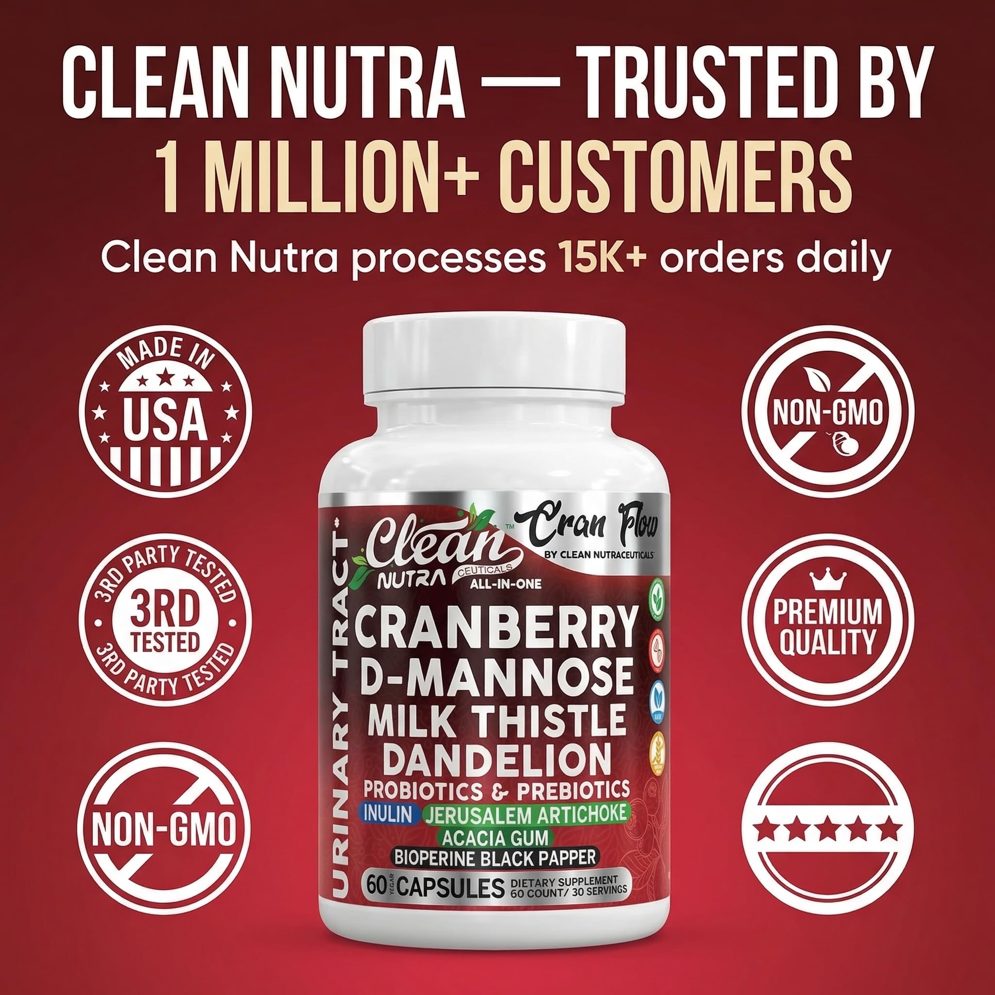 Cran Flow Cranberry Pills for Urinary Health D-Mannose Milk Thistle Dandelion Inulin Vitamin C Prebiotics and Probiotics Bladder Support By Clean Nutra - TrustMedUSA