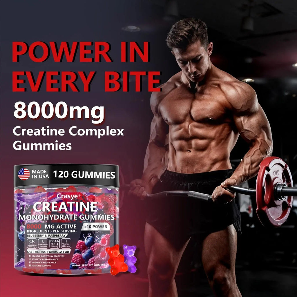 Crasye Creatine Gummies Complex 8000mg for Men and Women Creatine Monohydrate Gummy with BCAA Taurine for Muscle Strength and Energy Boost Sugar - TrustMedUSA