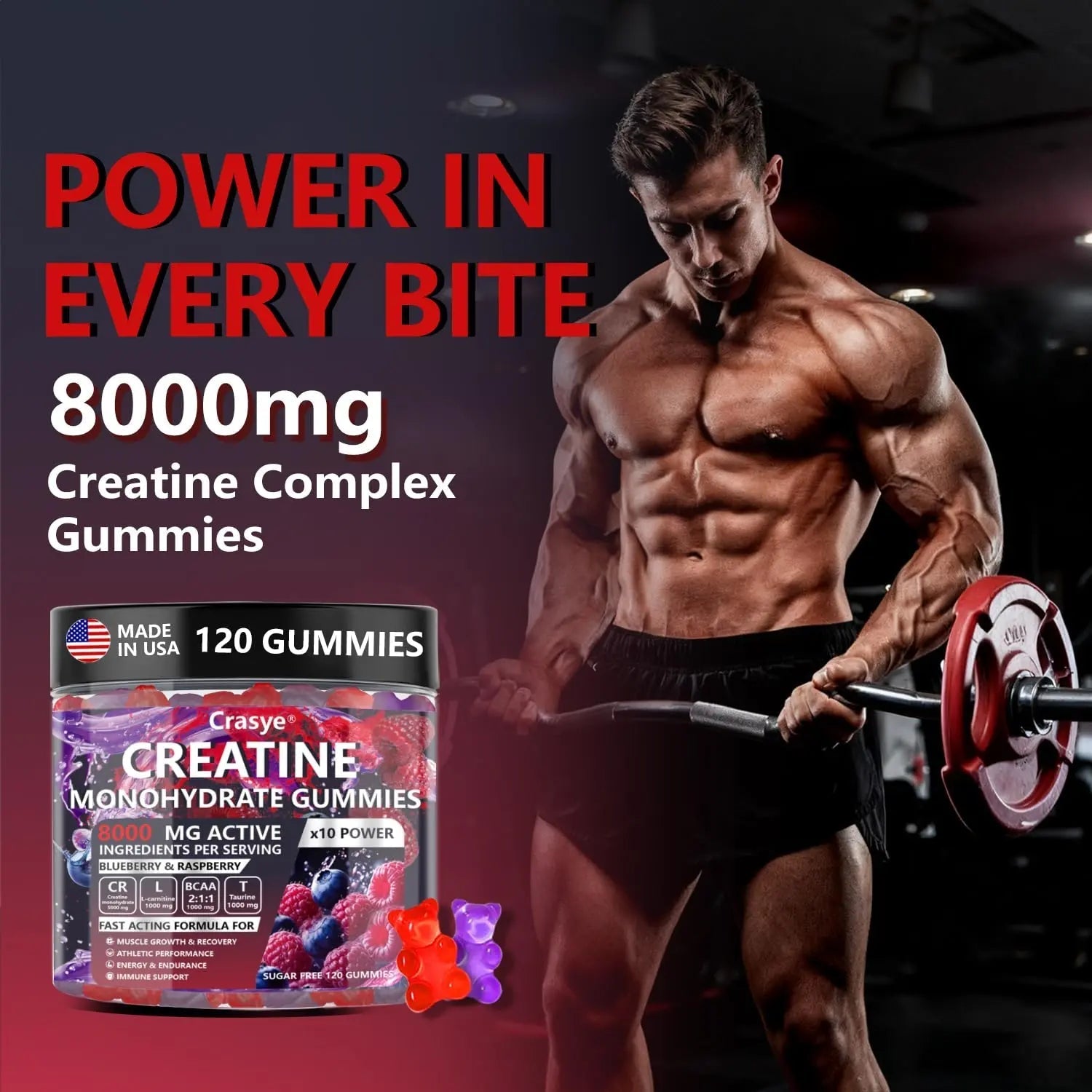 Crasye Creatine Gummies Complex 8000mg for Men and Women Creatine Monohydrate Gummy with BCAA Taurine for Muscle Strength and Energy Boost Sugar - TrustMedUSA