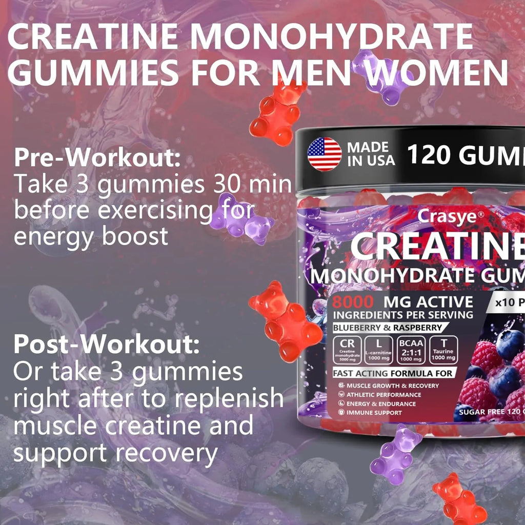 Crasye Creatine Gummies Complex 8000mg for Men and Women Creatine Monohydrate Gummy with BCAA Taurine for Muscle Strength and Energy Boost Sugar - TrustMedUSA