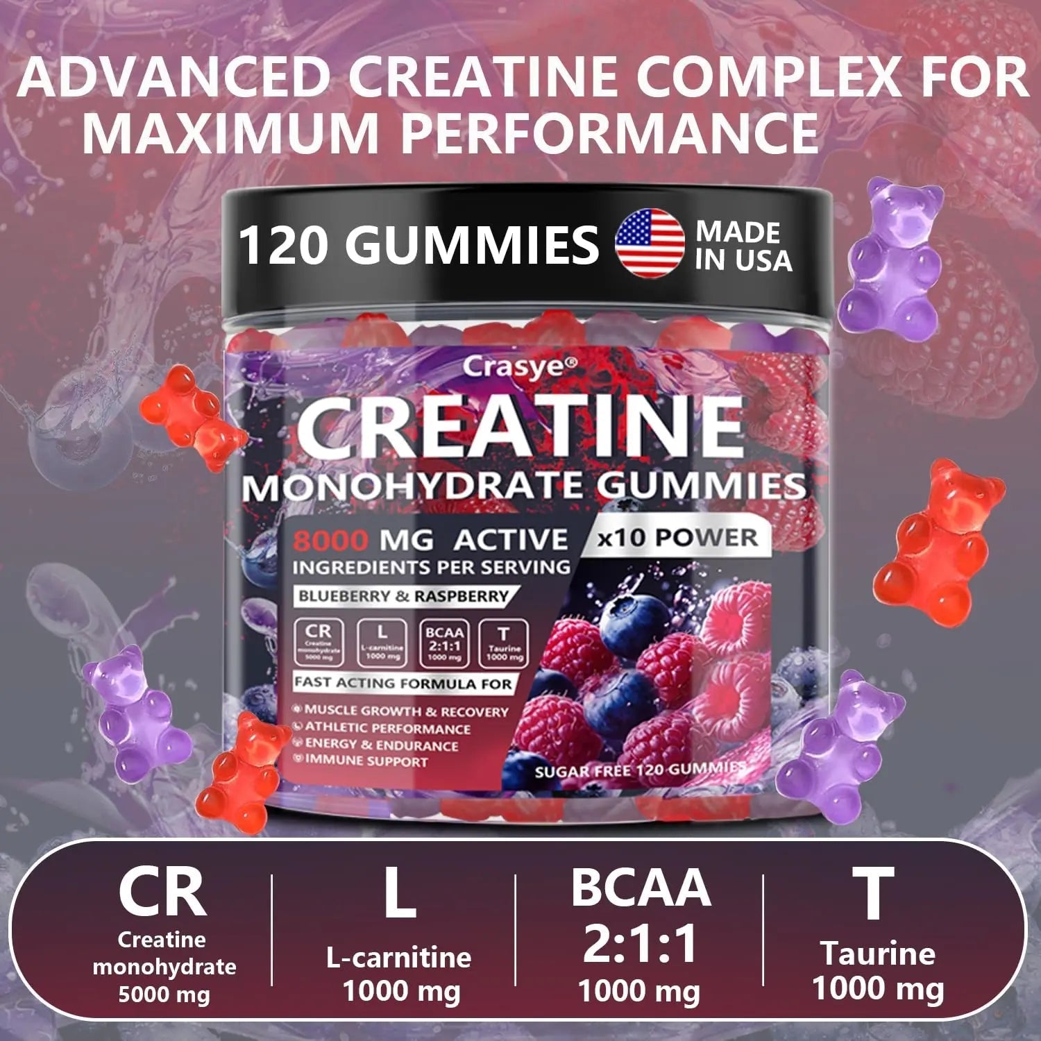 Crasye Creatine Gummies Complex 8000mg for Men and Women Creatine Monohydrate Gummy with BCAA Taurine for Muscle Strength and Energy Boost Sugar - TrustMedUSA