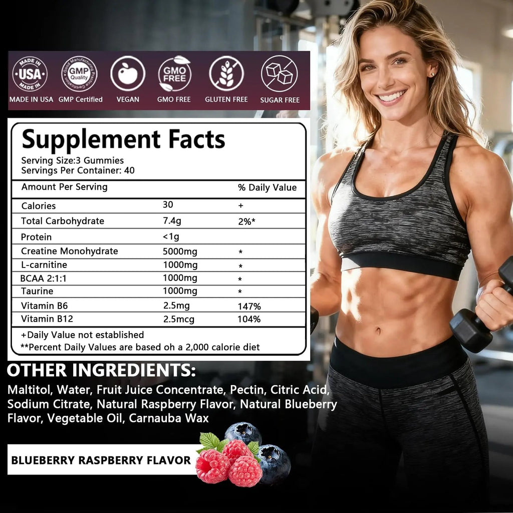 Crasye Creatine Gummies Complex 8000mg for Men and Women Creatine Monohydrate Gummy with BCAA Taurine for Muscle Strength and Energy Boost Sugar - TrustMedUSA