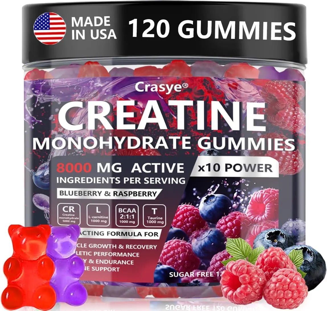 Crasye Creatine Gummies Complex 8000mg for Men and Women Creatine Monohydrate Gummy with BCAA Taurine for Muscle Strength and Energy Boost Sugar - TrustMedUSA