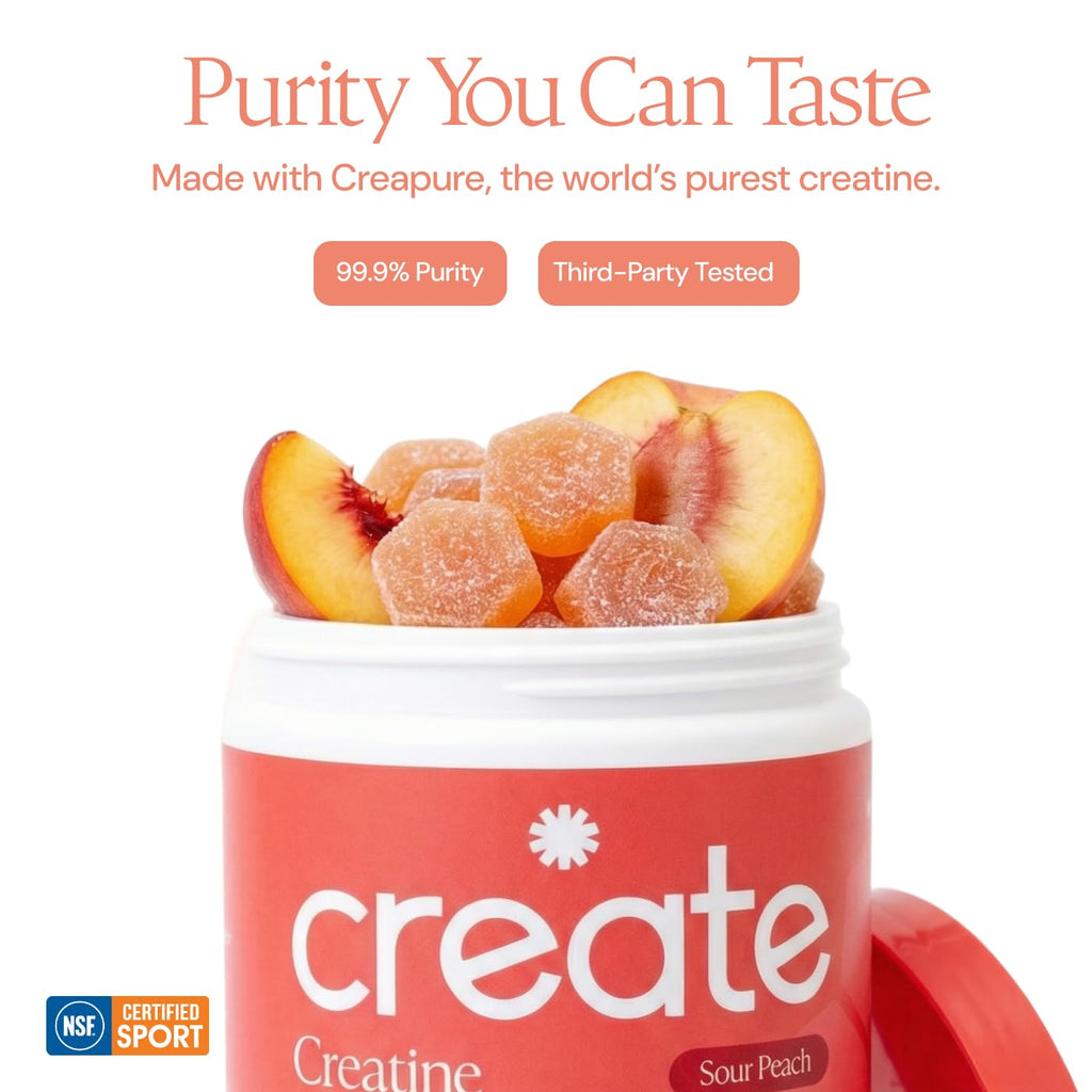 Create Creatine Monohydrate Gummies for Men & Women, Boost Focus, Strength, and Endurance, Anti-Melting Formula, Vegan, Gluten-Free, Non-GMO, 1.5g of Creatine per Gummy (Sour Peach) - Maple Wellness Supplements